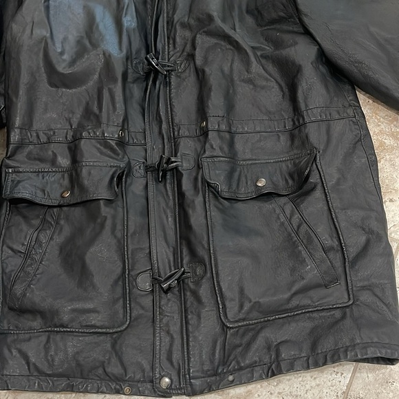 Teco men’s black Leather Jacket size XL biker 90s trench coat - Picture 8 of 16